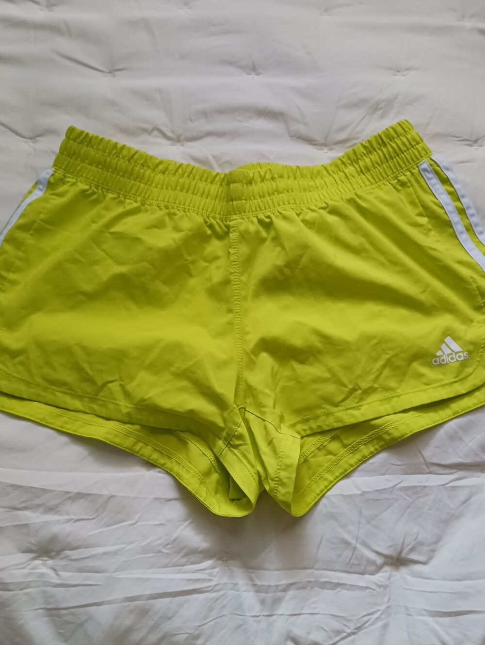 adidas Women’s Neon Yellow Athletic Shorts with White Stripes